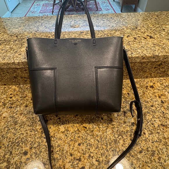 Tory Burch Block T Mini Tote Bag Black Leather 2-way Crossbody Handles - Picture 2 of 16